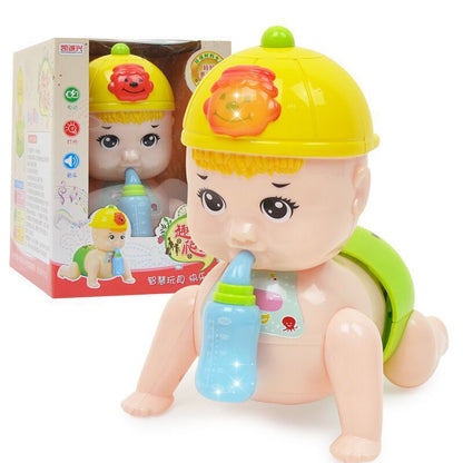 Crawling baby with feeding bottle toy