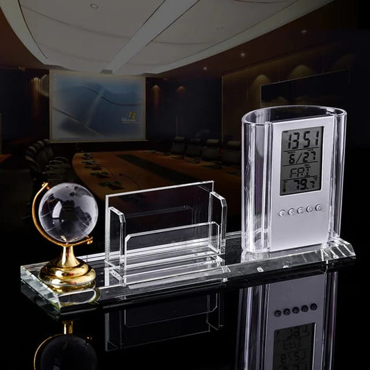 Glass Desk decor with Clock