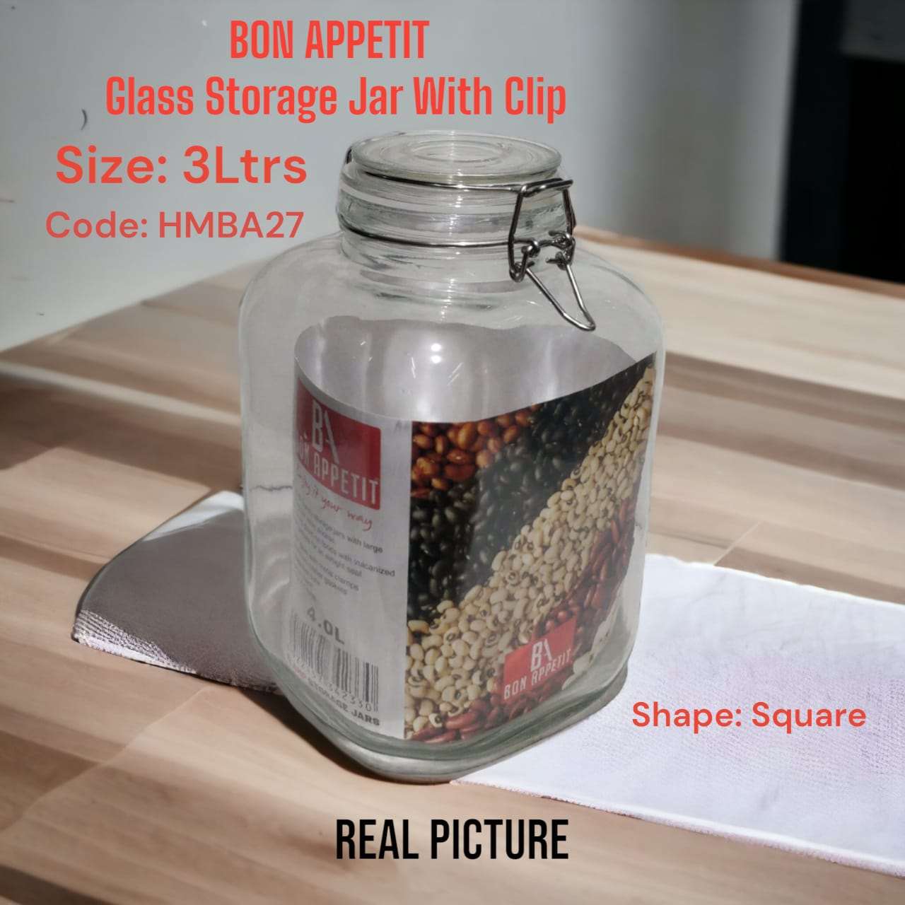 Glass Storage Jar with Clip 3Ltrs