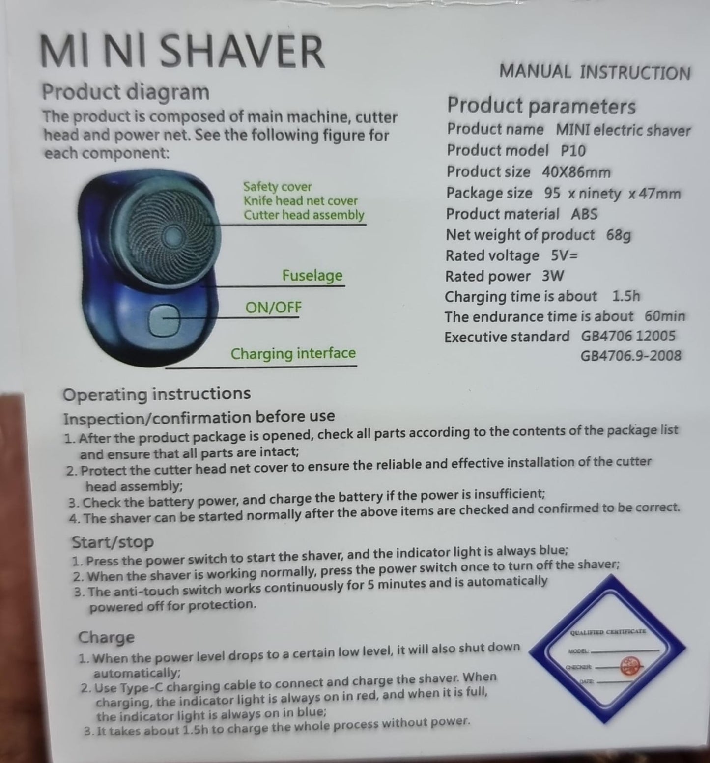 Rechargeable mini shaver