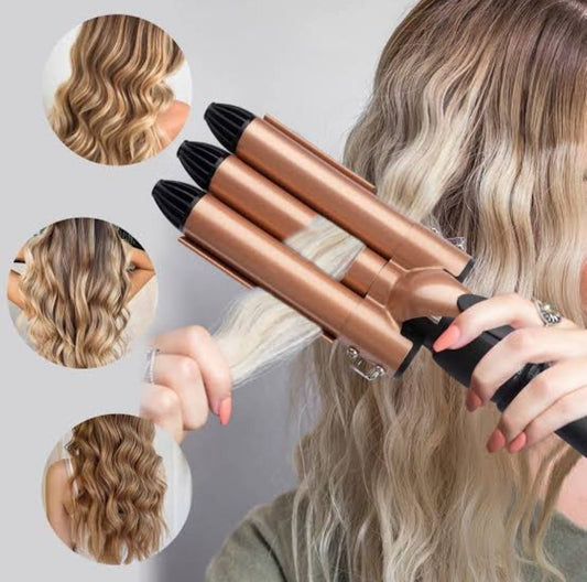 Hair curler with triple barrel iron