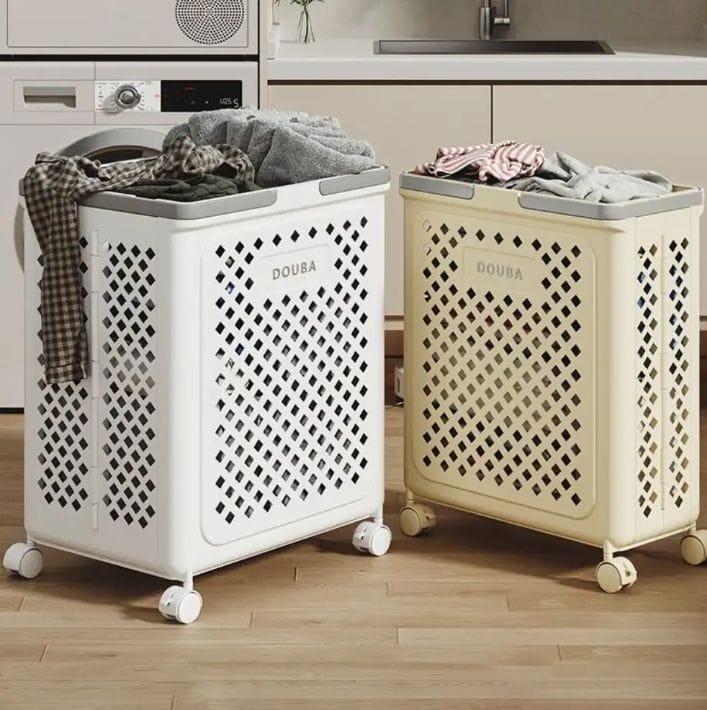 Laundry storage basket with wheels