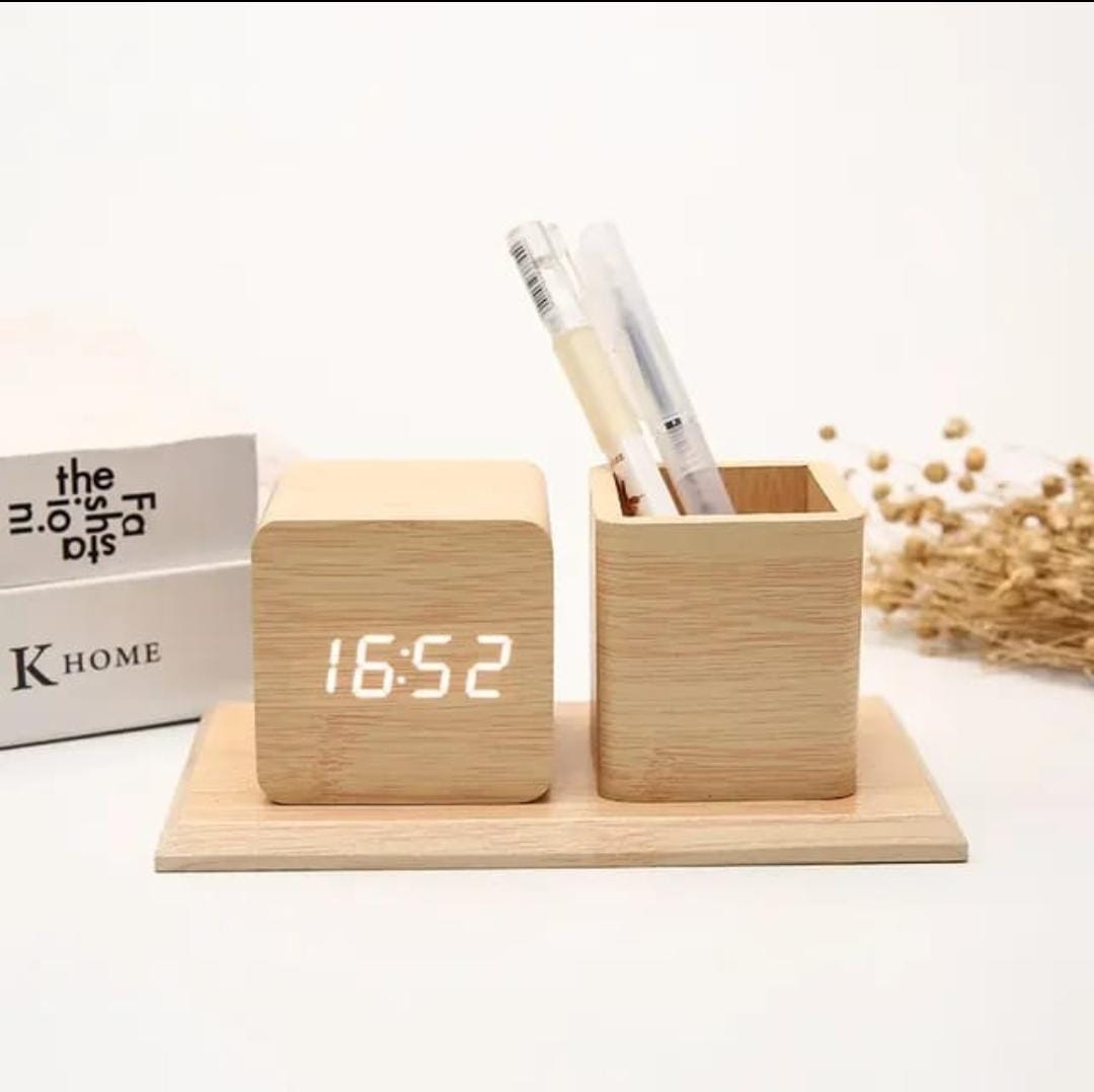 Wooden Desk Organizer with clock