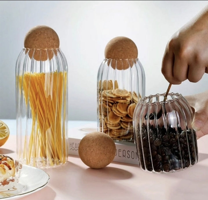 Transparent storage glass jar with cork transparent seal