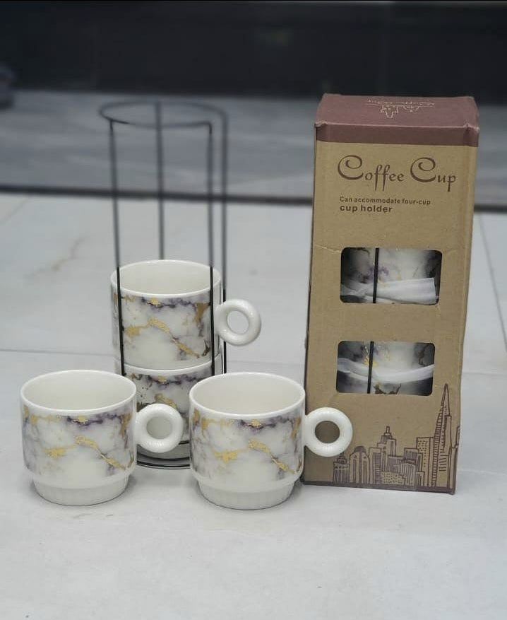 White coffee cup with metallic stand