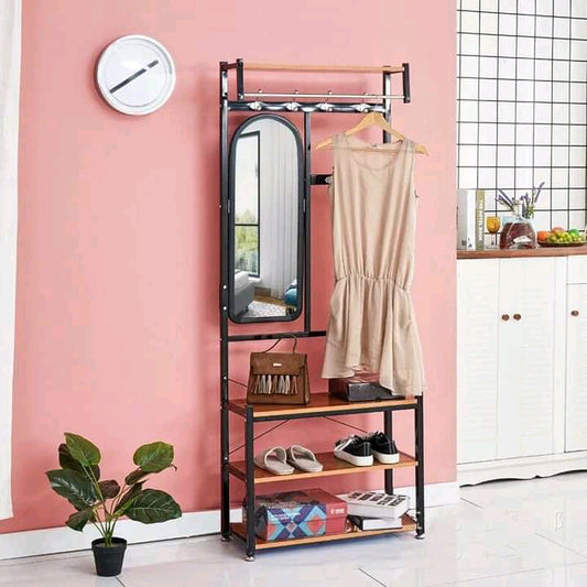 Wooden coat hanger with mirror and shoe rack - Master Supplies