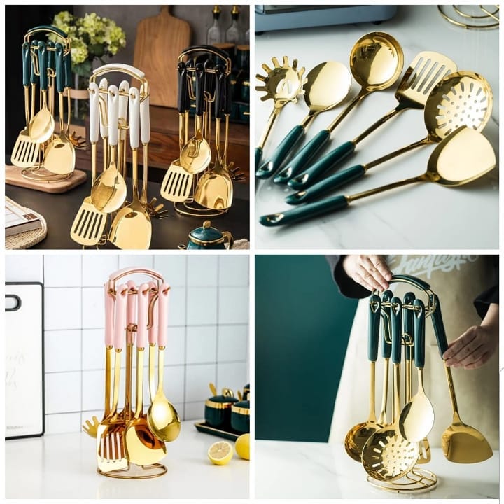 6pcs +1stand Golden serving spoon set - MASTER SUPPLIES