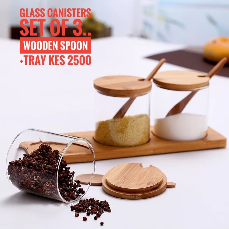 Glass canisters set of 3.. wooden spoon +tray - MASTER SUPPLIES